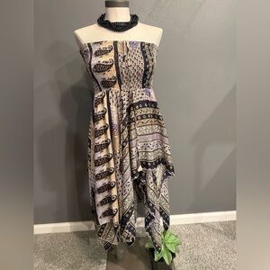 India Boutique Strapless Paisley Midi Dress in Black, Cream, and Lavender